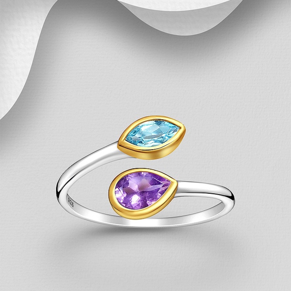 STERLING SILVER & 18K GOLD PLATED RING WITH SWISS-BLUE TOPAZ & AMETHYST